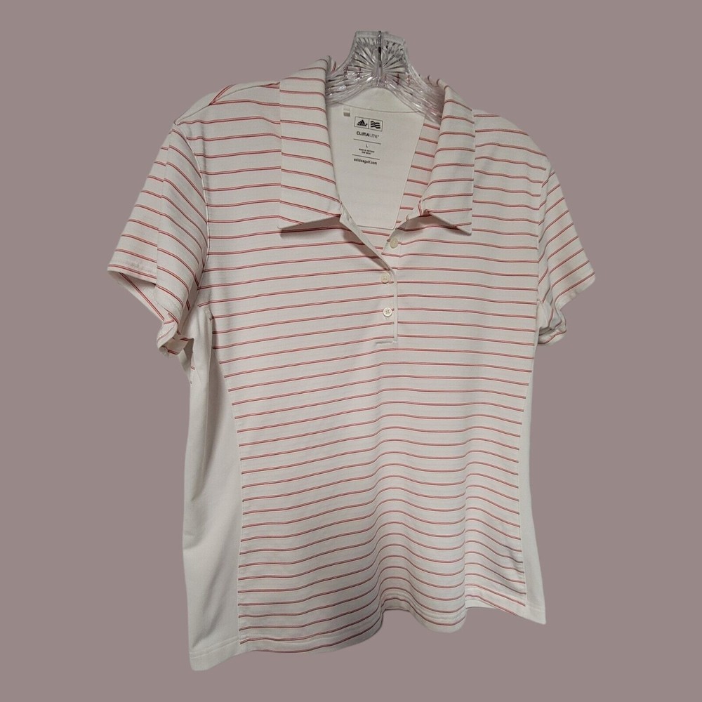 ADIDAS Golf Polo Shirt‎ White Striped LARGE Climalite